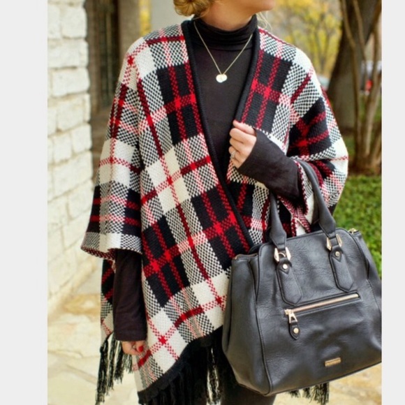 Black + Red Plaid Think Knit Fringe Poncho - Picture 8 of 13